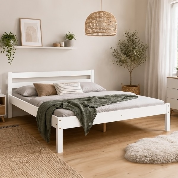 Doppelbett 140X200 Massivholz Weiß Bettgestell Lattenrost GäStebett Homestyle4U-image