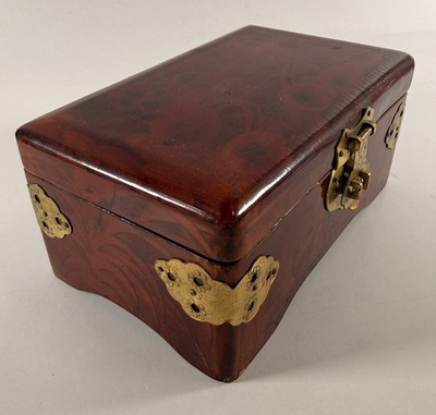 Vintage Chinese Lacquer Jewelry Box Red Black Brass Hardware Velvet Interior