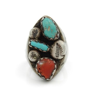 Native American Navajo Padilla Sterling Silver Turquoise Red Coral Ring #ET36 2