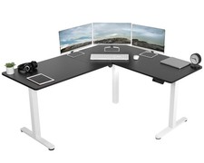 VIVO Electric 63" x 55" Corner Stand Up Desk, Black Table Top, White Frame