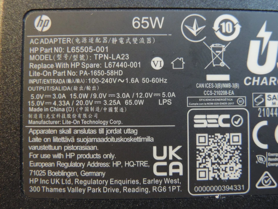 Adaptador de corriente/cargador USB-C genuino HP TPN-LA23 65W PARA HP DELL LENOVO ACER... Foto 3 de 4