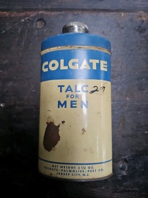 VTG 1950s COLGATE TALC FOR MEN TIN W/ CAP Blue &Cream Metal *Movie Prop FULL NOS