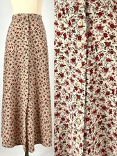 Vintage 90s Floral Button Front A-Line Maxi Skirt Cream Red Poinsettia Holiday