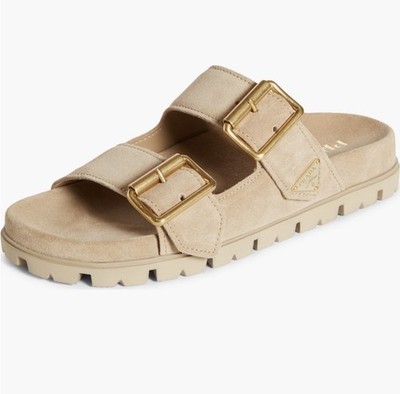 Prada Ecru Suede Double Buckle Slide Sandal Rt$1150 Size 39 US9 New In Box Beige