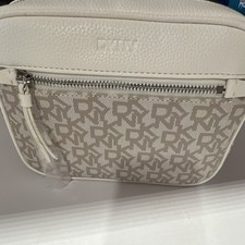 DKNY Ivory Beige Logo Designer Shoulder Bag with Detachable Strap Zip Closure