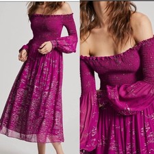 New NWT Free People Party Plum Comb Foiled Smock Off Shouder Midi Dress - XS