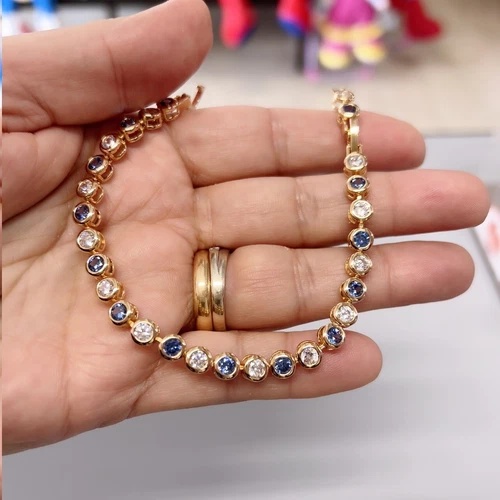 Bracciale Tennis Palline pl. oro Giallo 18k Uomo Donna Braccialetto SW Azzurro - Foto 3 di 4