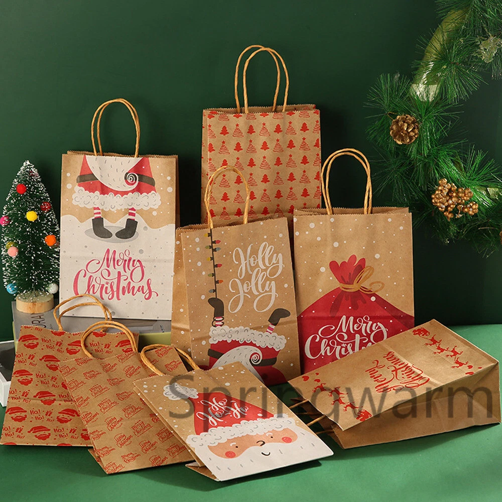 6x Christmas Gift Bags Kraft Paper Bag with Handles Xmas Presents
