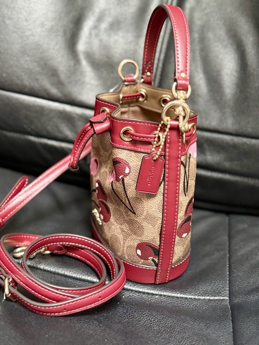 NWT Coach Mini Bucket Bag In Signature Canvas With Cherry Print
