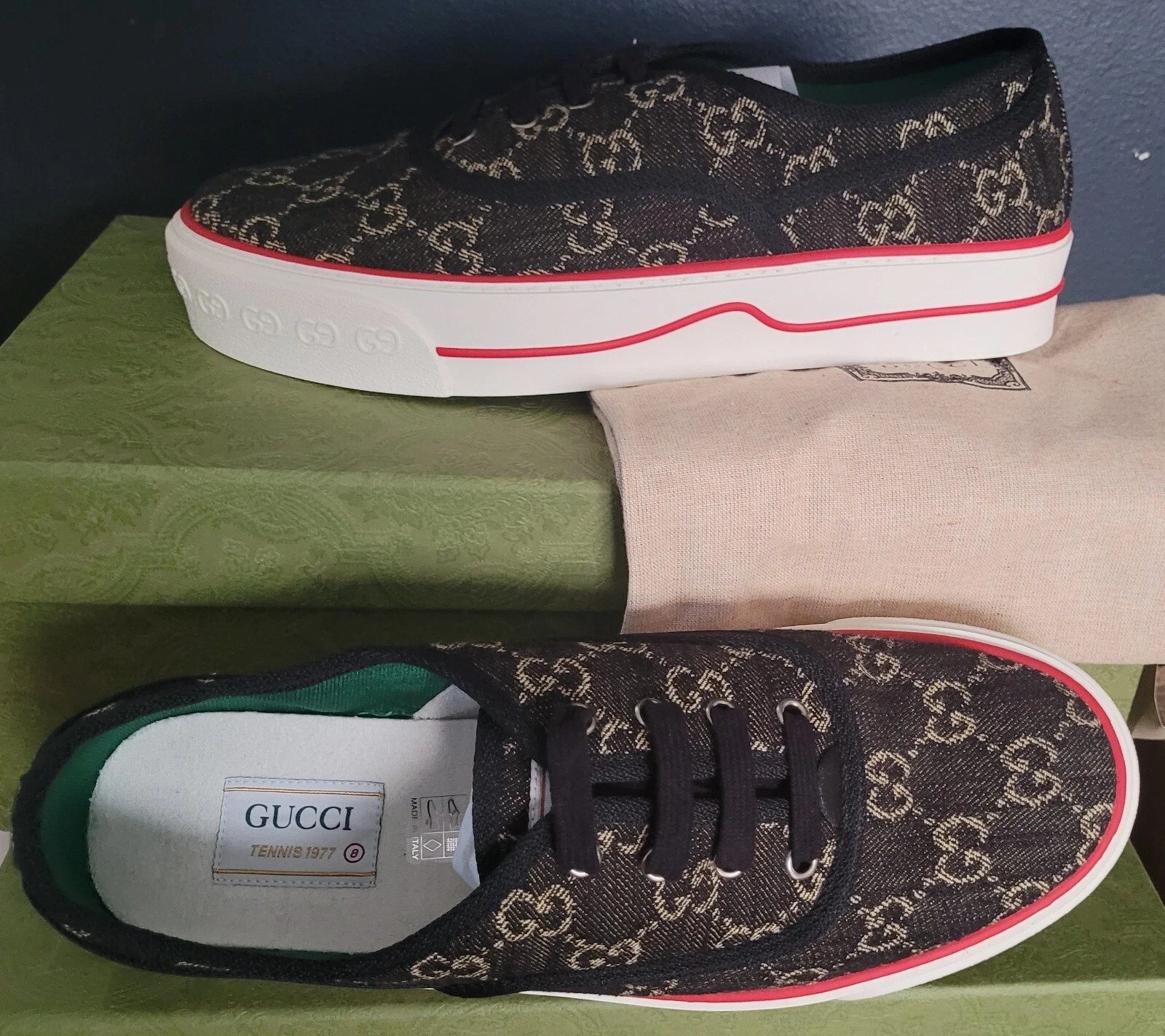 NEUF AUTHENTIQUE GUCCI TENNIS 1977 BAS « LOGO GG DENIM NOIR » GUCCI 8 (US 8,5)
