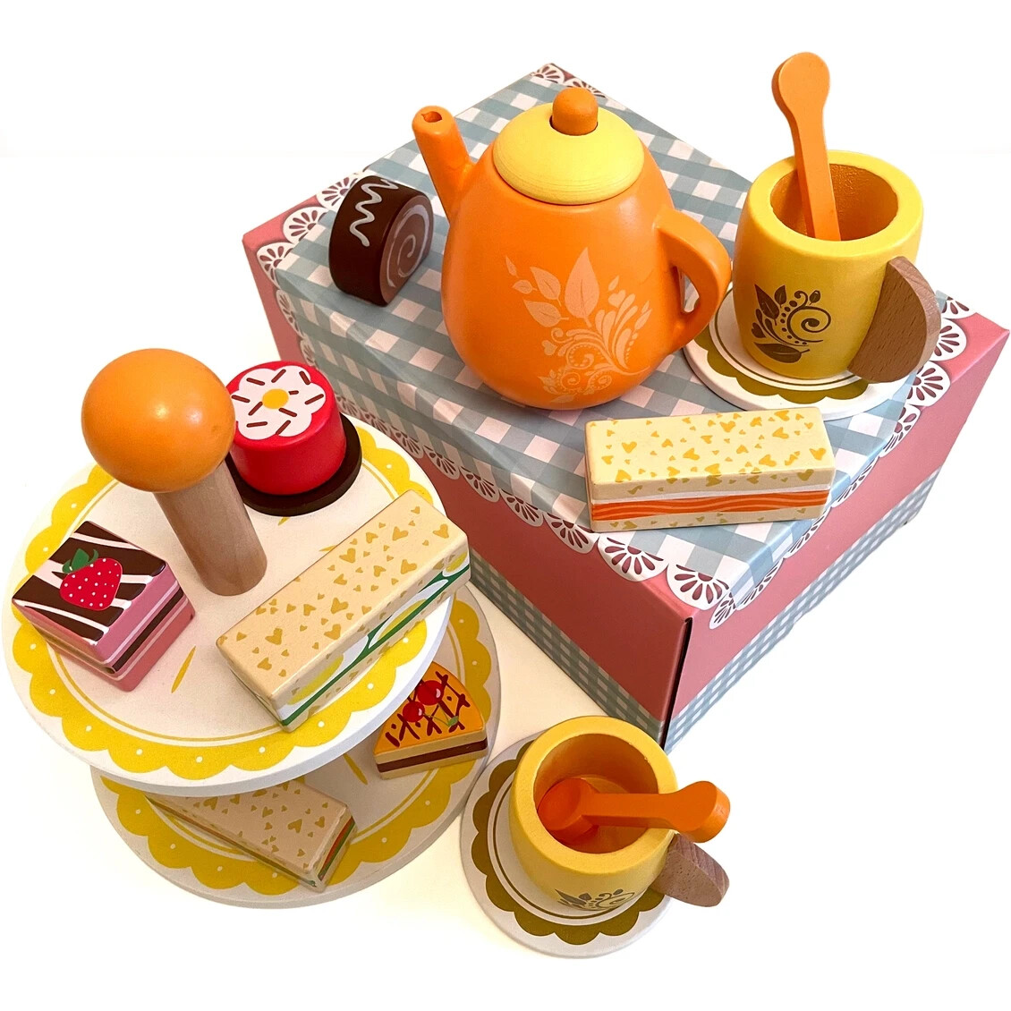 Wooden Afternoon Tea Set Teapot Cups & Saucers Imagination Role Play Bee Smart