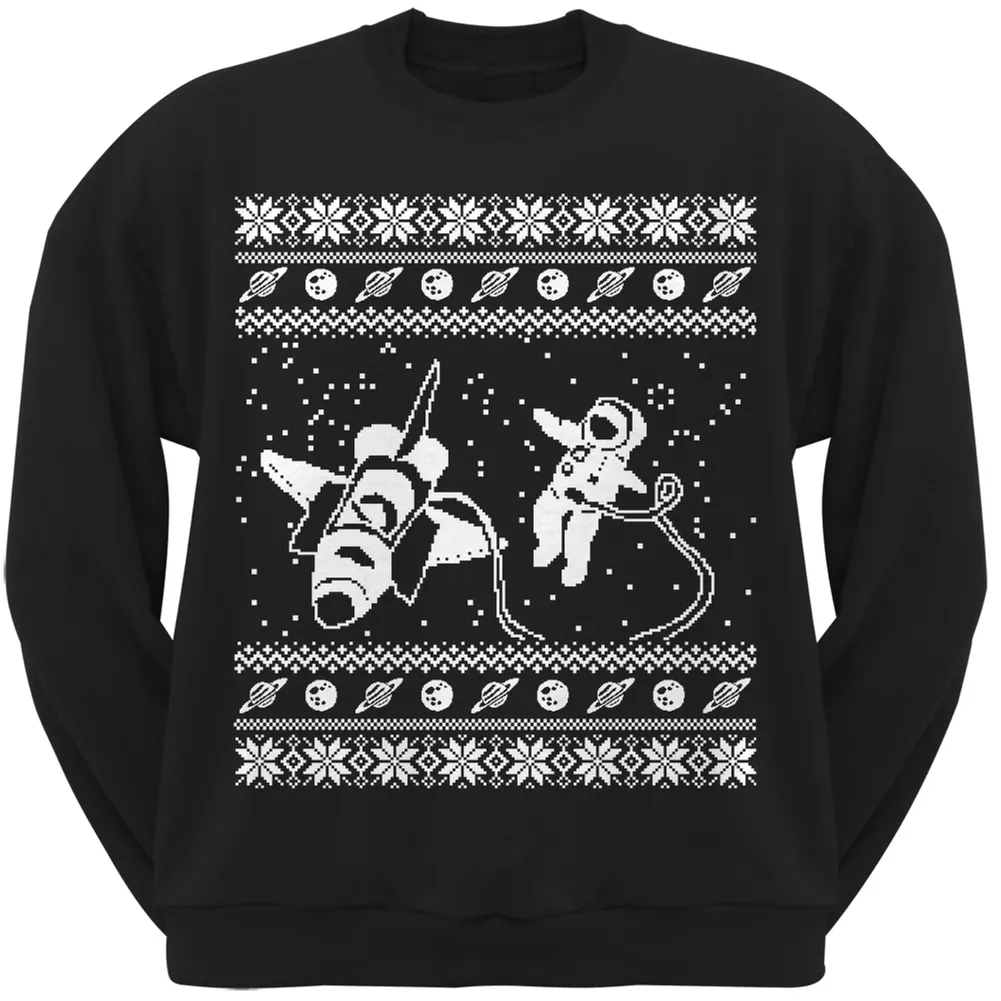 Astronaut in Space Ugly Christmas Sweater Black Crew Neck Sweatshirt