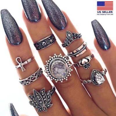 9PC Pop Boho Retro Finger Rings Set Crystal Flowers Heart Tassel Style Ring 0524