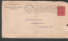 1908 cover Drexel Institute of Art Science & Industry Philadelphia flag cancel