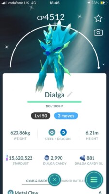 Pokémon Trade Go Level 50 - Shiny Origin Dialga 3 Moves für PvP Master League