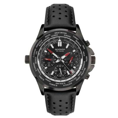 Sekonda Uhr 1864 Herren Dual und Weltzeit schwarzes Lederarmband UVP 89,99£