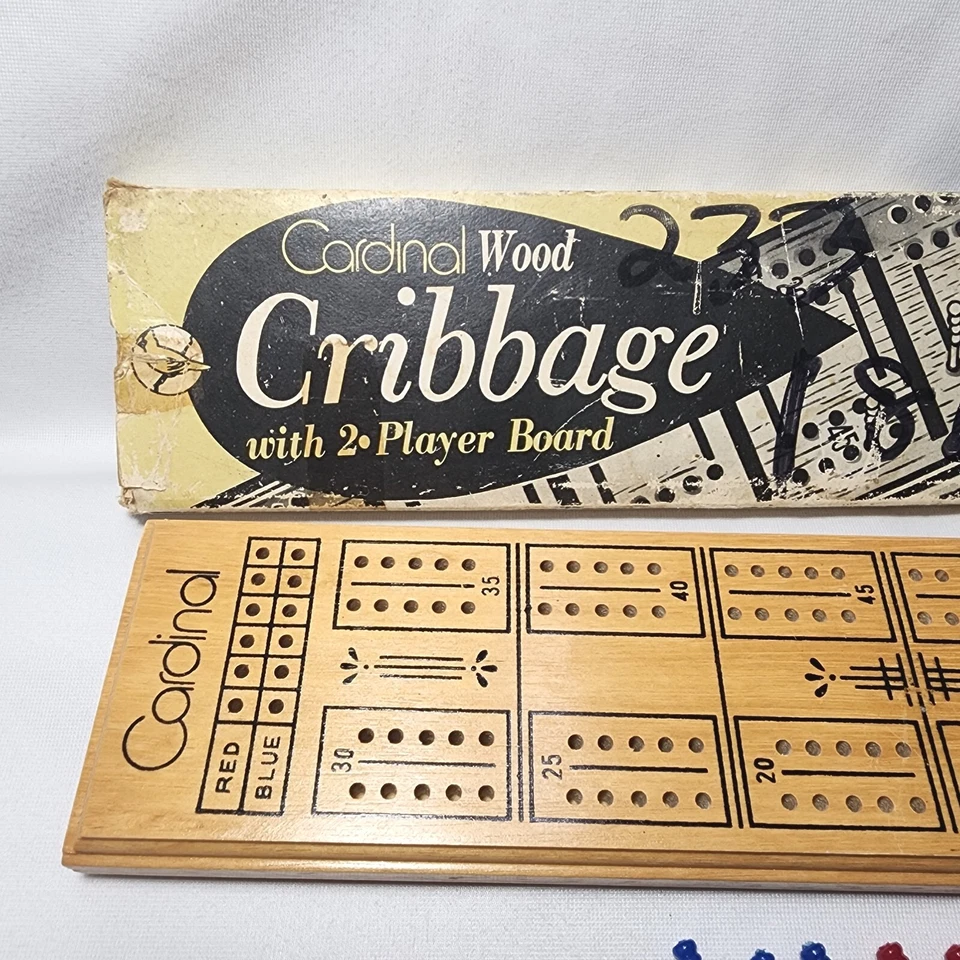 Vintage Cardinal Wood Cribbage Game 2 Player Board with 6 Pegs Box Wooden Board - Image 4 of 4