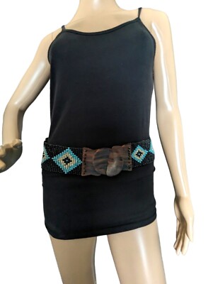 Vintage Boho Hippie Beaded Stretch Belt Wide Black Tribal  display picture 1