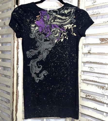 NWT~Miss Me~Girls~T-shirt~Black~Banded~V Neck~Raw Edge~Rhinestone/Stud~SS~XL - Picture 6 of 7