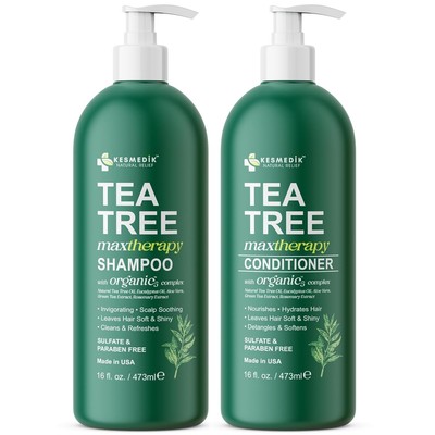 Kesmedik Tea Tree Shampoo & Conditioner Set, Soothes Dry Scalp, Organic-5, 16 oz