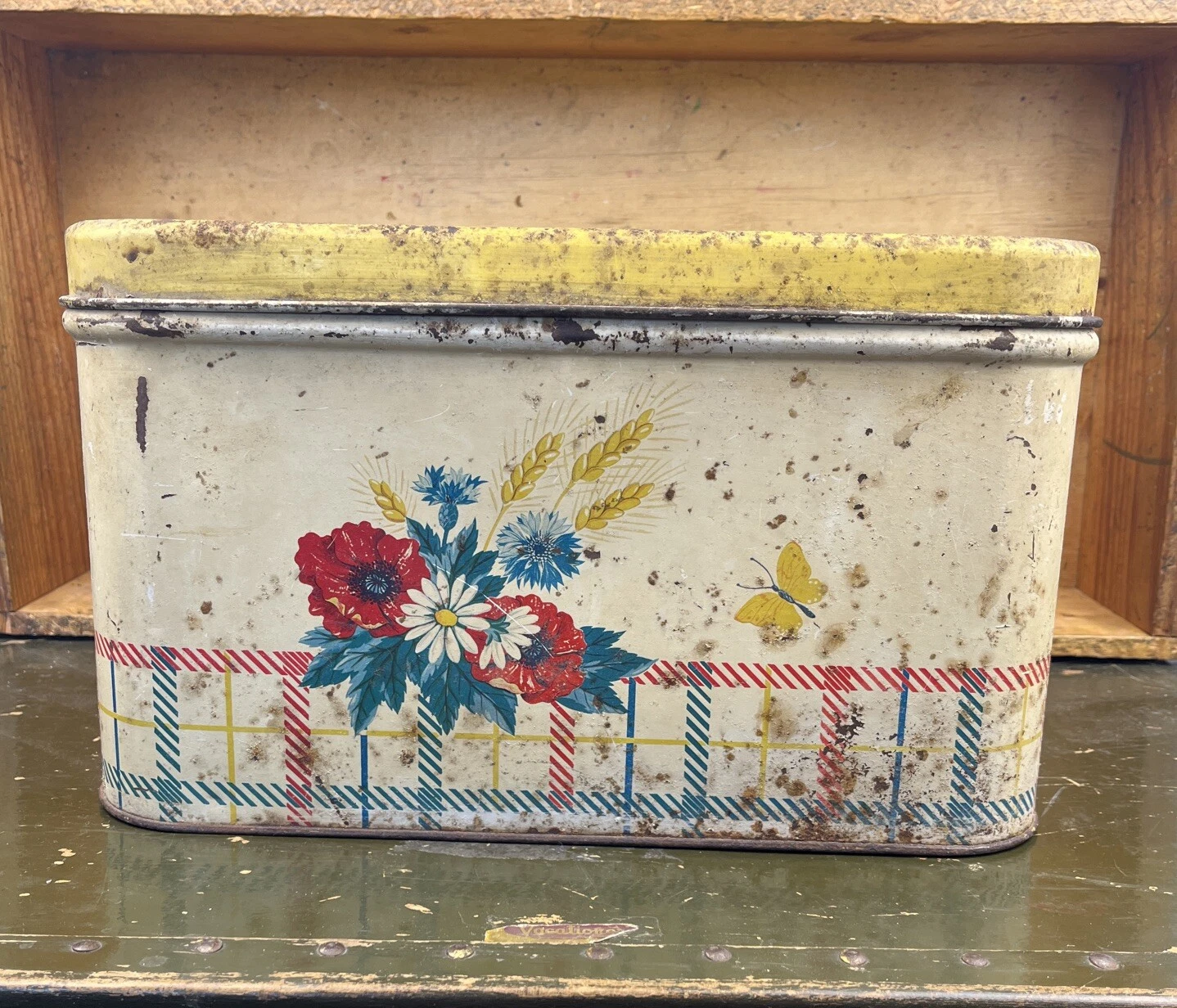 Vintage Metal Bread Box Yellow With Plaid Flowers Wheat Butterfly Cottage Core