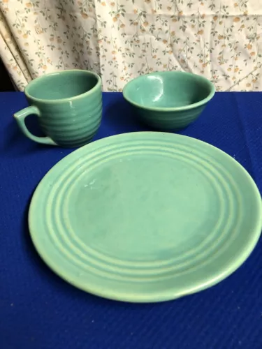 Vintage Bauer Pottery Blue Green Plate Small Bowl And Coffee Cup See Description