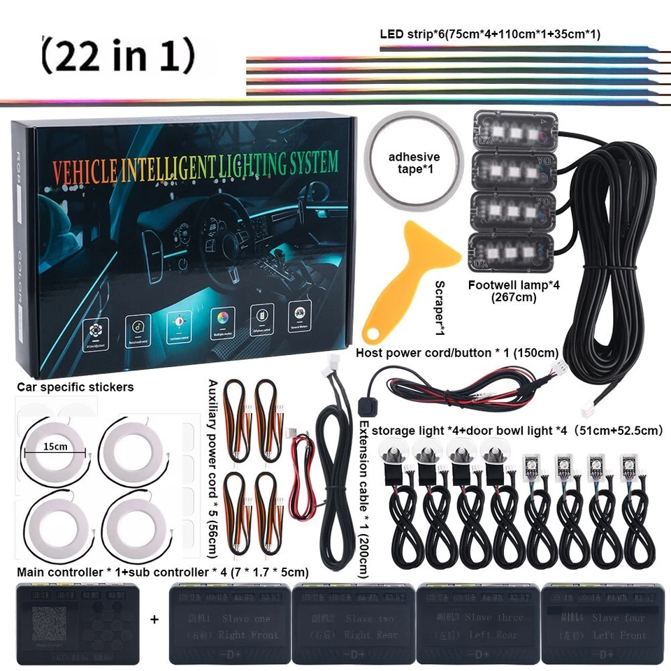 Cuentas LED RGB Symphony Dream para iluminación ambiental interior de automóvil inalámbrico 22 en 1 Foto 3 de 4