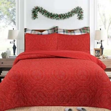 3 Pcs Festive Christmas Quilt Bedspread Set Holiday Bedding Medallion Red