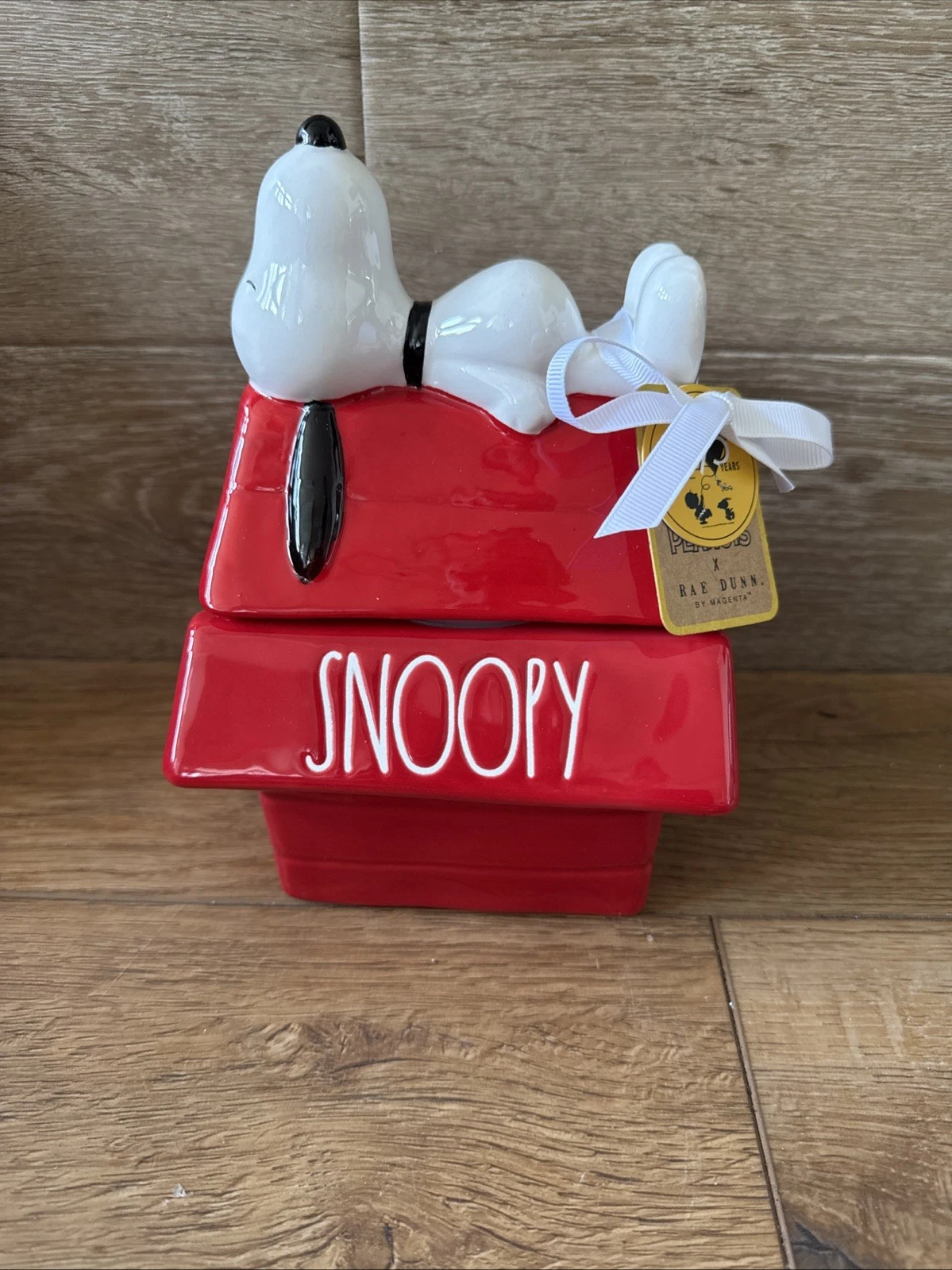 Rae Dunn 75th Peanuts Snoopy Dog House Canister Cookie Jar NWT About 7”