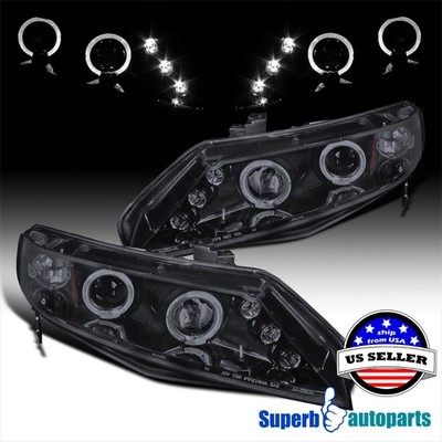 Fits 2006-2011 06-11 Civic LED Dual Halo Projector Headlights Glossy Black Smoke