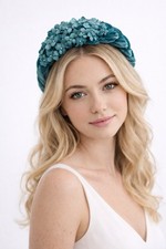 Blue Velvet Floral Headband Women Wedding Guest Prom Elegant Crown