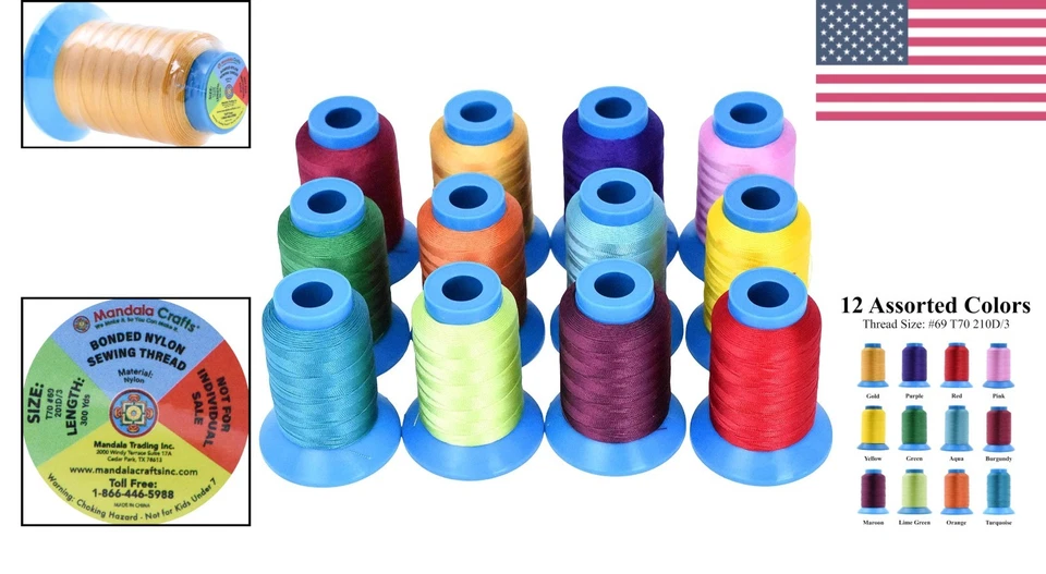 Heavy Duty Bonded Nylon Thread - 12 Assorted Colors, 3600 YDs for All Projects - Image 2 of 4