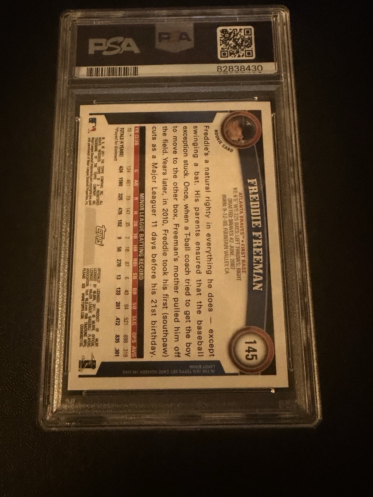 2011 Topps Freddie Freeman PSA 10 ROOKIE RC GEM MINT #145 view 2