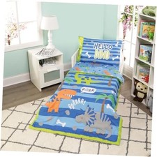 4 Piece Toddler Bedding Set Roaring - Includes Comforter, Flat Dinosaurs