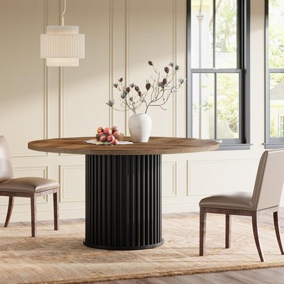 47.24-Inch Black Round Dining Table for 4-6 People, Modern Fluted MDF + Metal