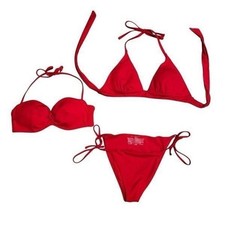 Victoria  s Secret Essential Push Up String Twist Halter Ribbed 3 Pc Bikini Set S