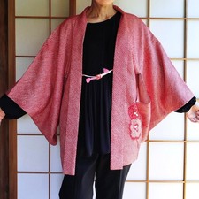 Vintage Japanese Haori Jacket Silk Shibori Chrysanthemum Plum Red Kimono