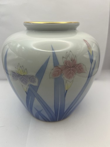 Vaso tondo Otagiri Mercantile Co - foglie blu rosa e viola iris 6,25" vintage - Foto 4 di 6