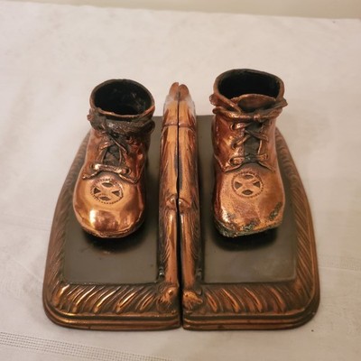 Antique Bronze Baby Shoes Pair of Bookends Kids High Tops with Laces Nice Patina