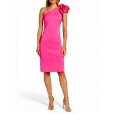 Eliza J One-Shoulder Fushcia Pink Cocktail Dress with Rosette Size 14