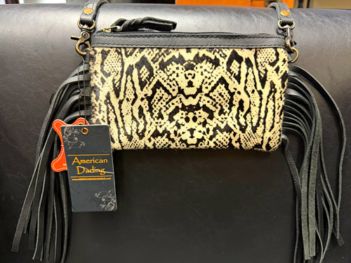 American Darling Small Snake Print Fringe Crossbody Zip Bag Detachable Strap Ret