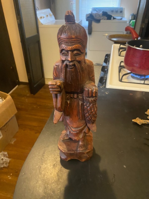 Vintage Chinese Hand Carved Wooden Thinker Confucius Kongzi 12” Tall