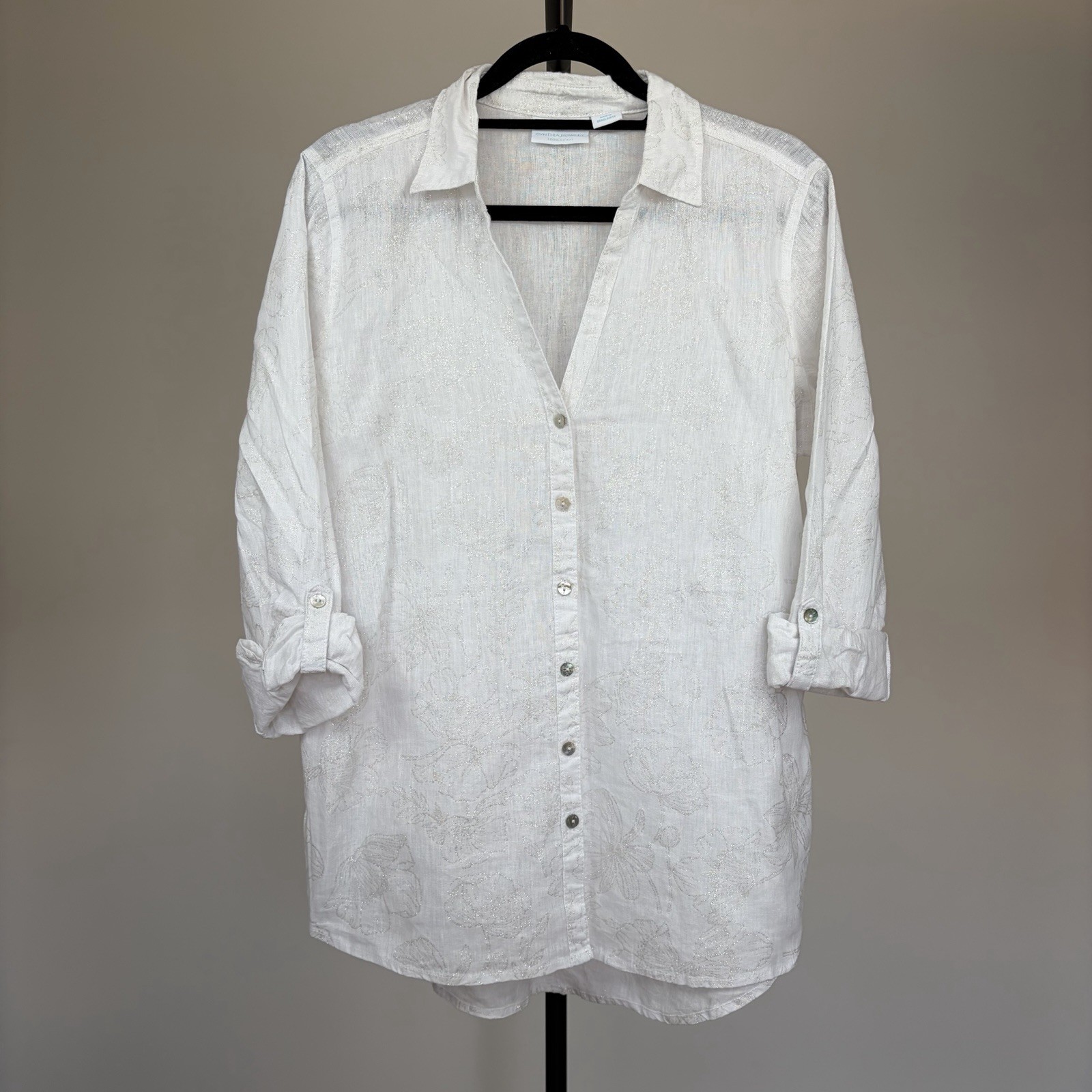 Cynthia Rowley 100% Linen White Button-Up Shirt Glitter Floral Pattern Size M