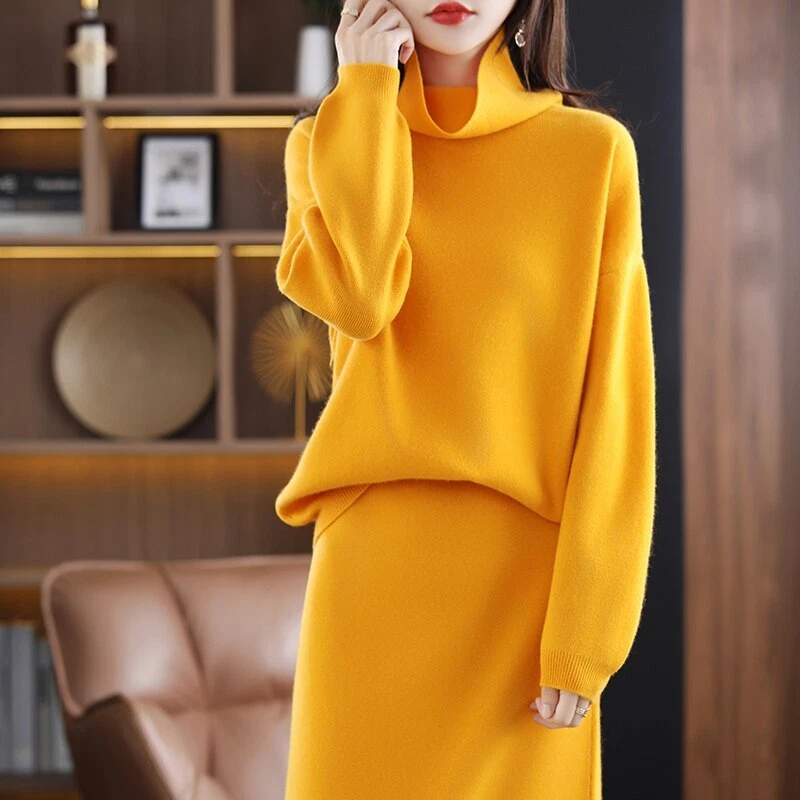 Women High-Neck Cashmere Sweater Knit Long Skirt Two-Piece Suit