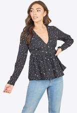 Womens Black White Star Peplum Hem Tea Top