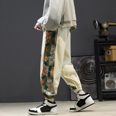 Men Embroidered Tapered Pants Loose Elastic Waist Trousers