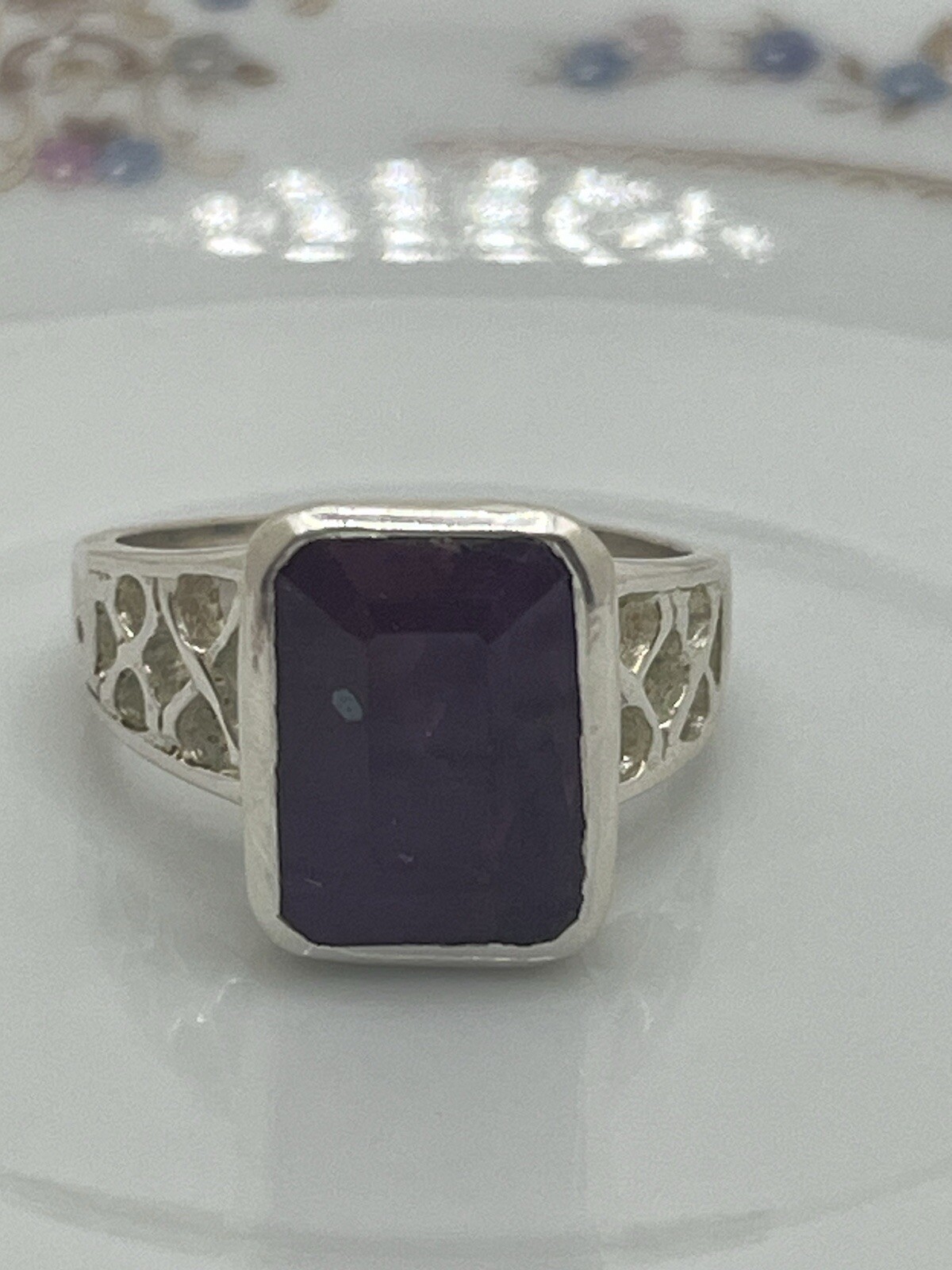 Rectangular Dark Red Ruby 925 Sterling Silver Rin… - image 1