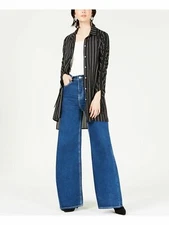 BAR III Women Size Medium Ivory Striped Ruched 3/4 Sleeve Button Up TunicTop NEW