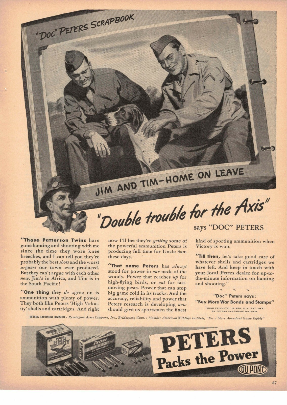 Vintage WWII Peters Ammo Double Trouble for the Axis print ad Bridgeport CT