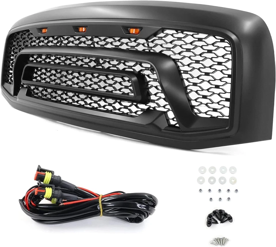 For 2006-2009 Dodge RAM Matte Black Front Hood Mesh Grill Guard w/Signal Lights - Image 3 of 4